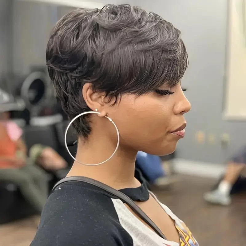 픽시 컷 가발 인모 가발 짧은 픽시 컷 가발 여성용 인모 머신 메이드 앞머리 가발