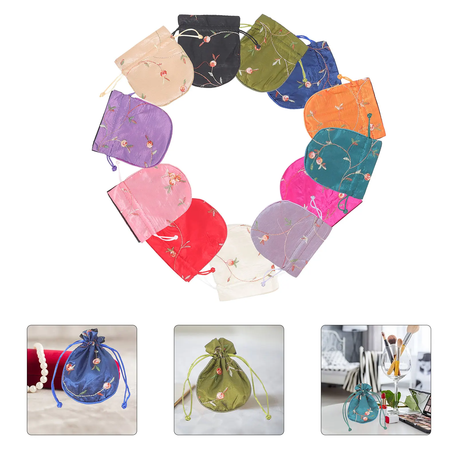 12Pcs Elegant Drawstring Gift Bags Fruit Flower Pattern Cloth Pouches for Jewelry Watches Coins Baby Shower Favors