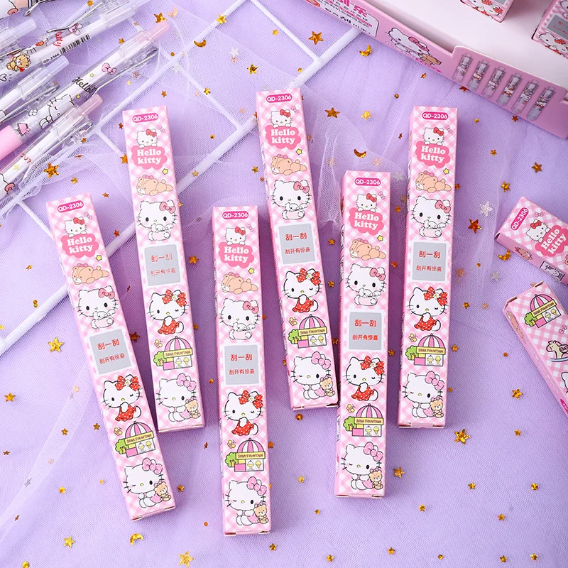 24 Uds Sanrio Hello Kitty chica de dibujos animados lindo gato Scratch Off Ticket creatividad caja ciega bolígrafo de clic bolígrafo Neutral bolígrafo de muestra versátil