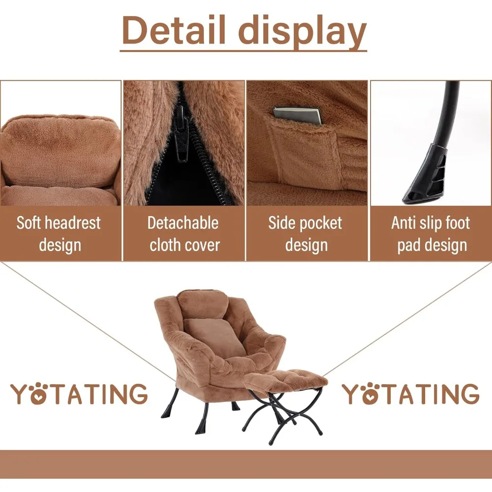 كرسي كسول مع مسند، كرسي صالة قراءة مريح مع مسند للقدمين ووسادة رمي حديثة مع مساند للذراعين وجيب جانبي للمعيشة #4