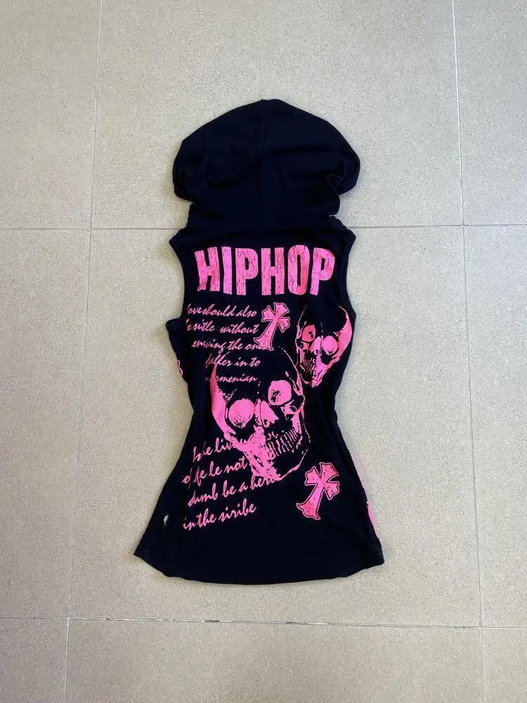 قميص قصير ياباني هاراجوكو ريتور مع قبعة بدون أكمام Y2k 2000s طباعة جمجمة فرعية ملابس عالية الشارع ملابس صيفية فاسق