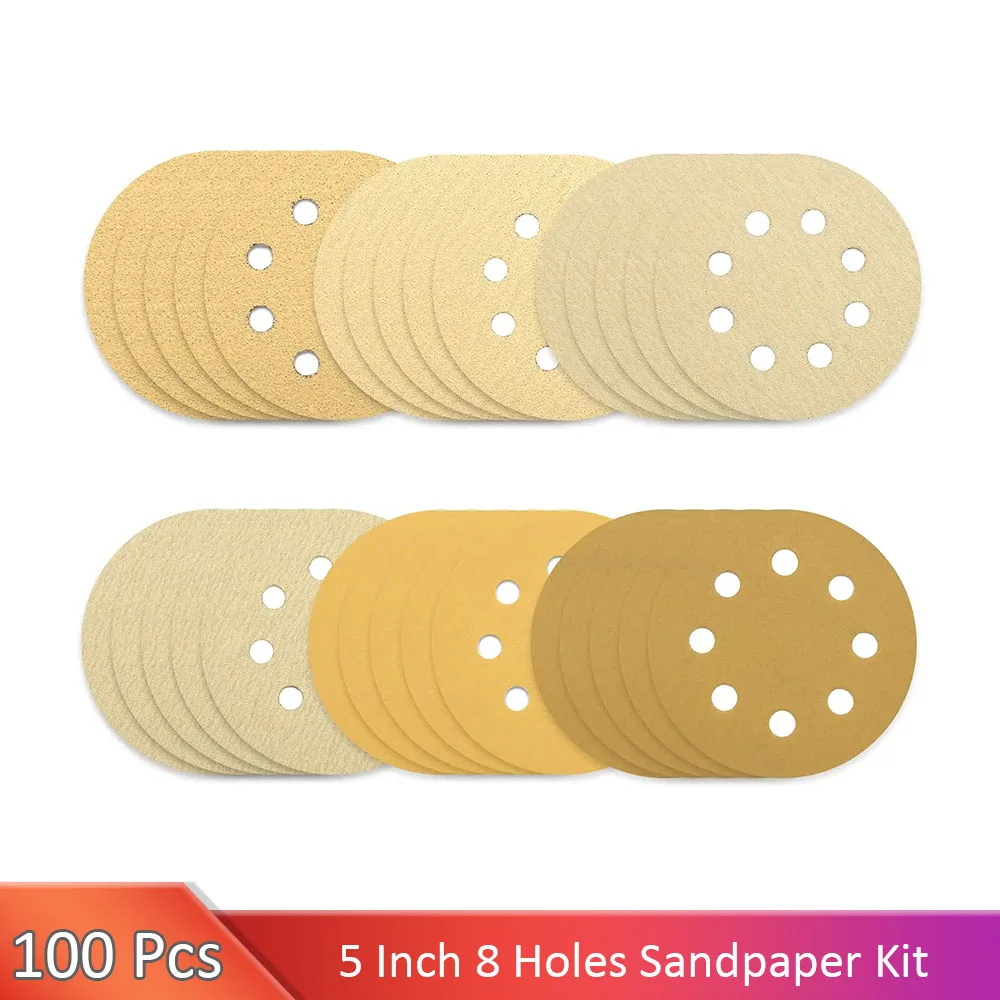 100Pcs Sanding Discs Set 5 Inch 8 Holes Hook and Loop Gold Sandpaper 125mm,40 to 400 Grits for Random Orbit Sander Woodworking