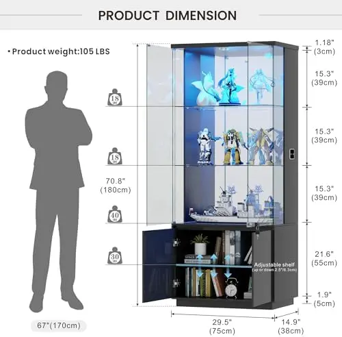 71” Glass Display Cabinet with Lights, Modern Curio Cabinet Display Cases for Collectibles, Locking Cabinet with