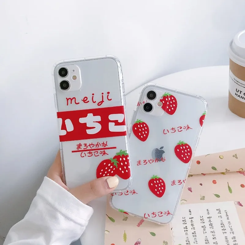 

Cute Strawberry Phone Case For iPhone 16 15 14 13 12 11 Pro Max Mini X XS 7 8 Plus SE4 16E Shockproof Transparent Cover Shell