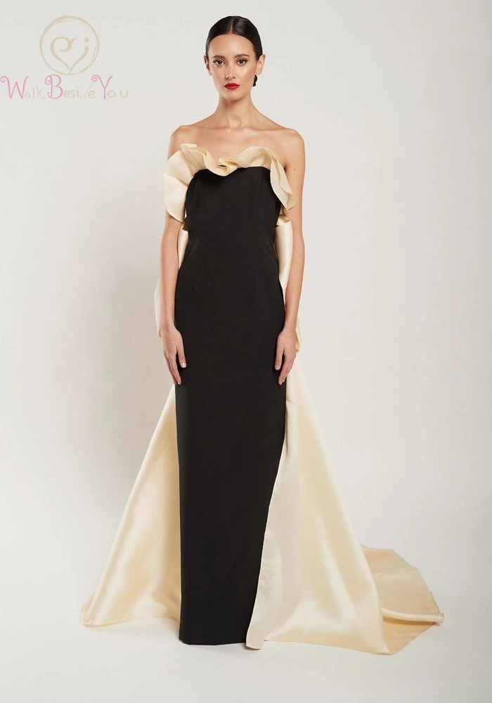 

Strapless Column Ruffles Evening Dresses Satin Black Champagne Contrast Color with Big Bow Formal Party Long Prom Gowns