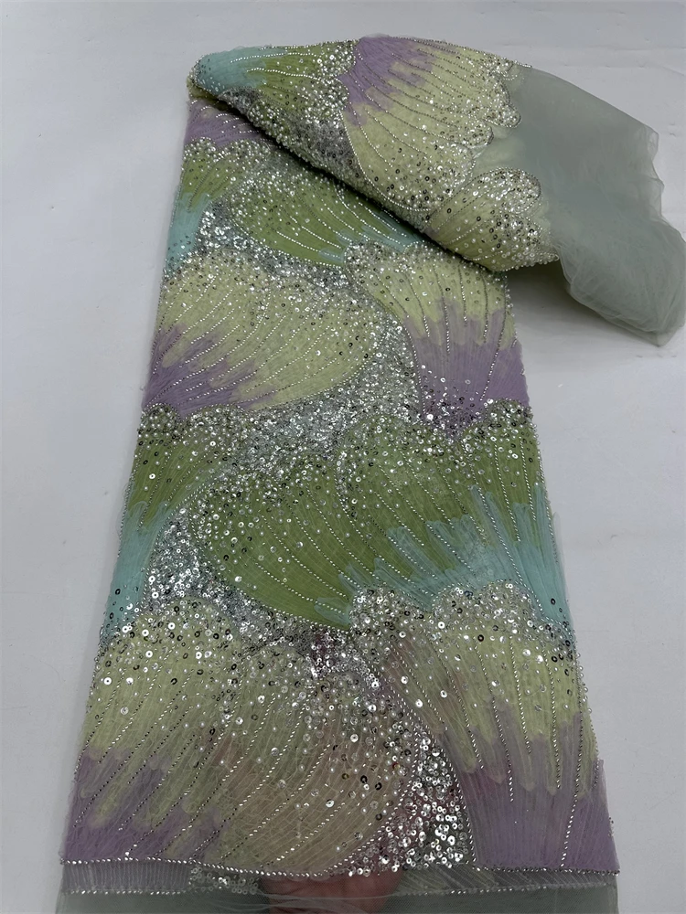 Новейшая африканская кружевная ткань с блестками, 2025 г., высококачественная кружевная сетчатая ткань с вышивкой бисером, 5 ярдов для женщин, свадебное платье