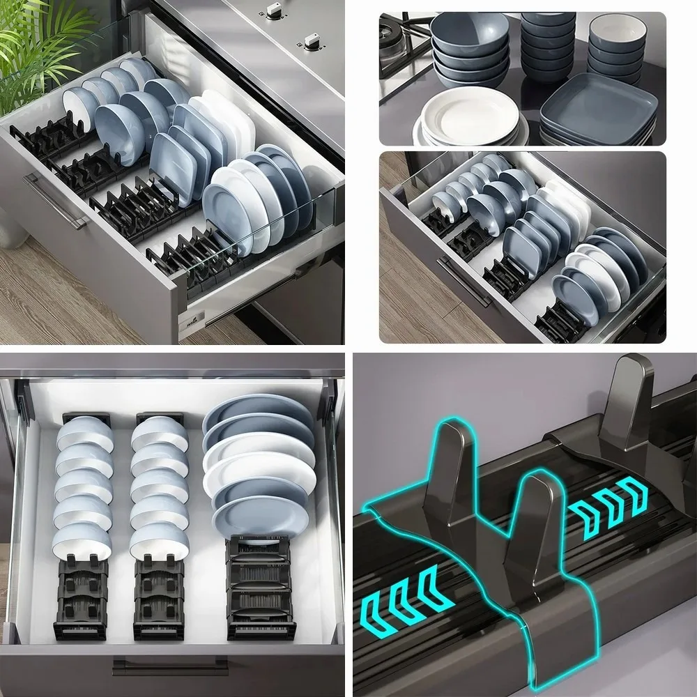 

Adjustable Under Cabinet Dish Rack, Kitchen Drawer Organizer for Plates Bowls Utensils Storage Drying Rack