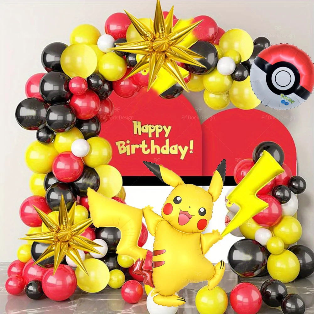 Guirlande de ballons Pokemon Pikachu en arc, 102 pièces, Kit de ballons en Latex rouge jaune noir, décorations de fête d'anniversaire, cadeaux pour enfants