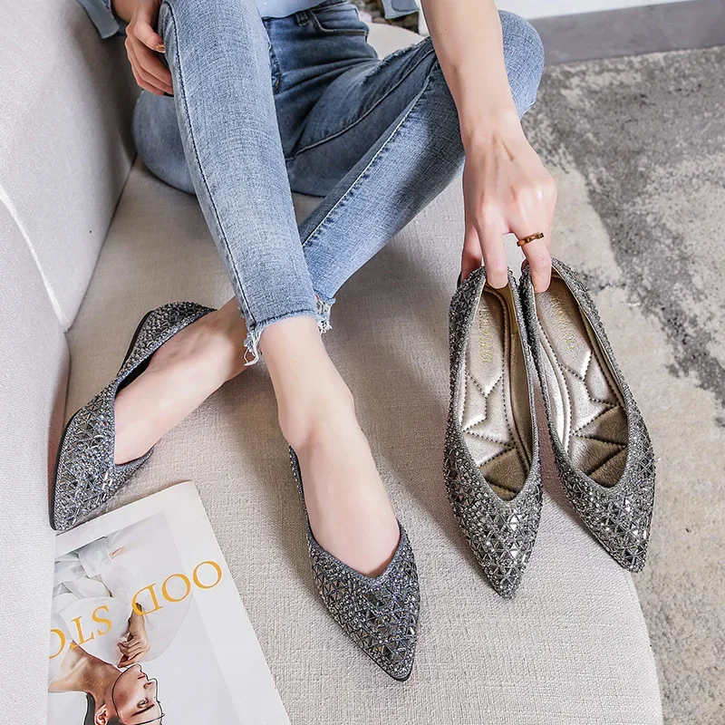 Autumn Women\'s Ballet Flats New Rhinestones Flat Casual Loafers Female Plus Size 43 Slip on Boat Shoes Chaussure Femme
