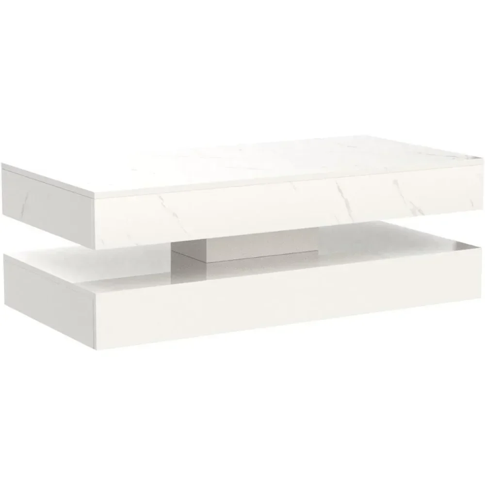 Coffee Table with 2 Storage Drawers, High Gloss White Coffee Tables w/20 Colors LED Lights, 2 Tiers Rectangle Center Table