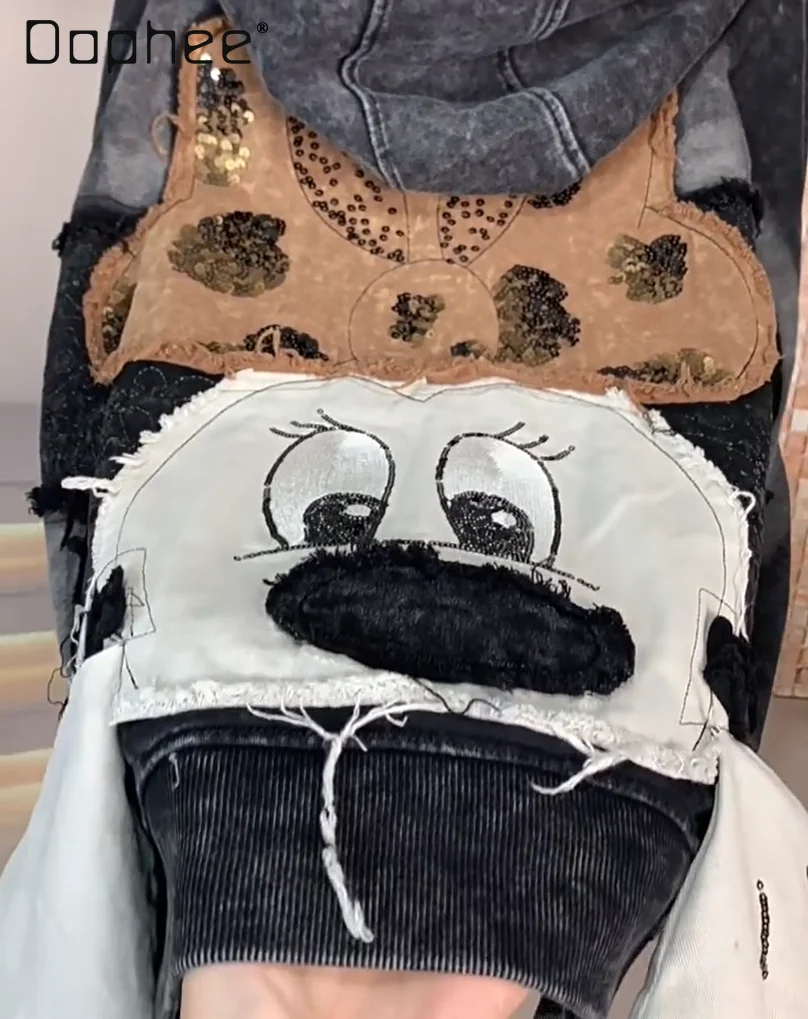 2025 Autumn Winter New Loose Cartoon Sweatshirts Women Fashion Heavy Embroidery Cartoon Hoodie Jacket Streetwear Women