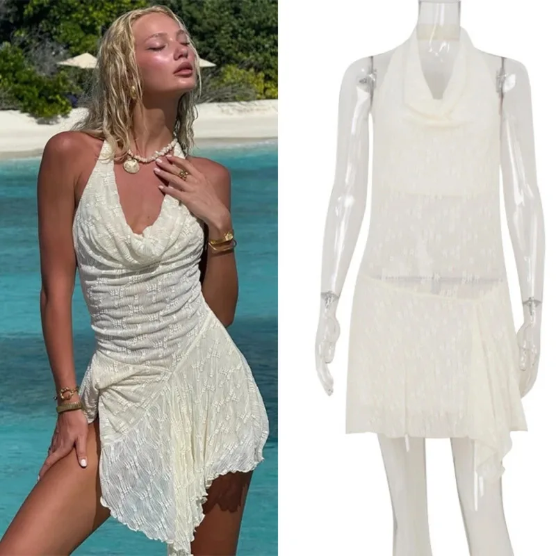 

Sexy Neck Hanging Sleeveless Slim Fit Dress Solid Color Lace Wave Neck Pleated Dress Y2k Beach Holiday High Waist Party Dresses