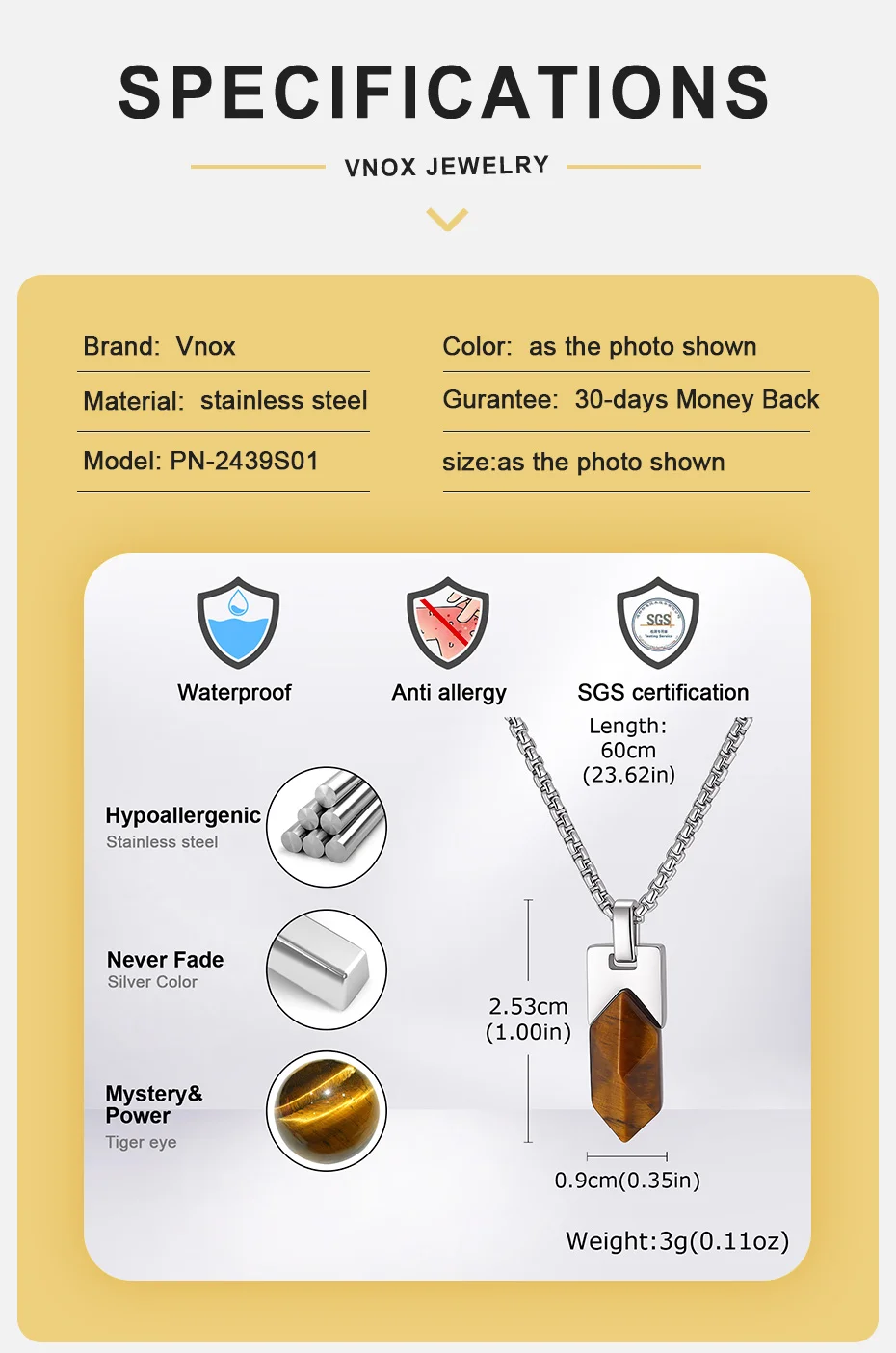 Vnox Natürlicher Tigerauge-Sodalith-Stein Anhänger Halskette für Männer, Edelstahl Geometrische Kastenkette Punk Herrenschmuck Geschenk – Detail 4