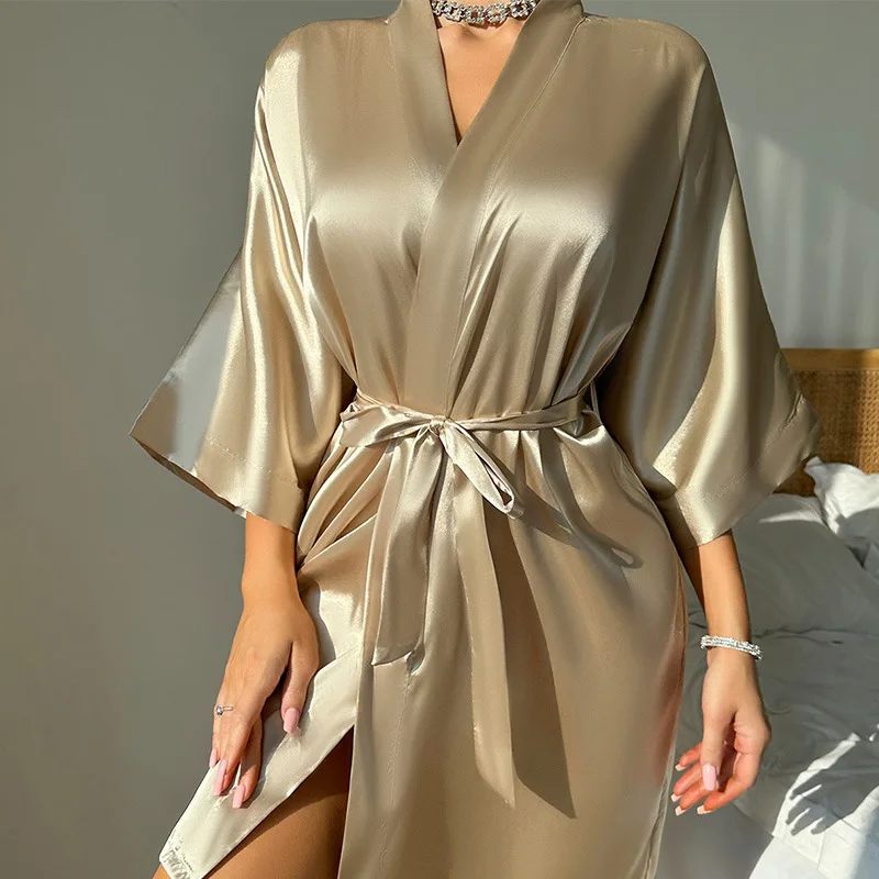 Women\'s Robe Sleepwear Spring Summer Satin Kimono Bathrobe Gown Sexy Green Short Nightgown Intimate Lingerie Casual Home Dress