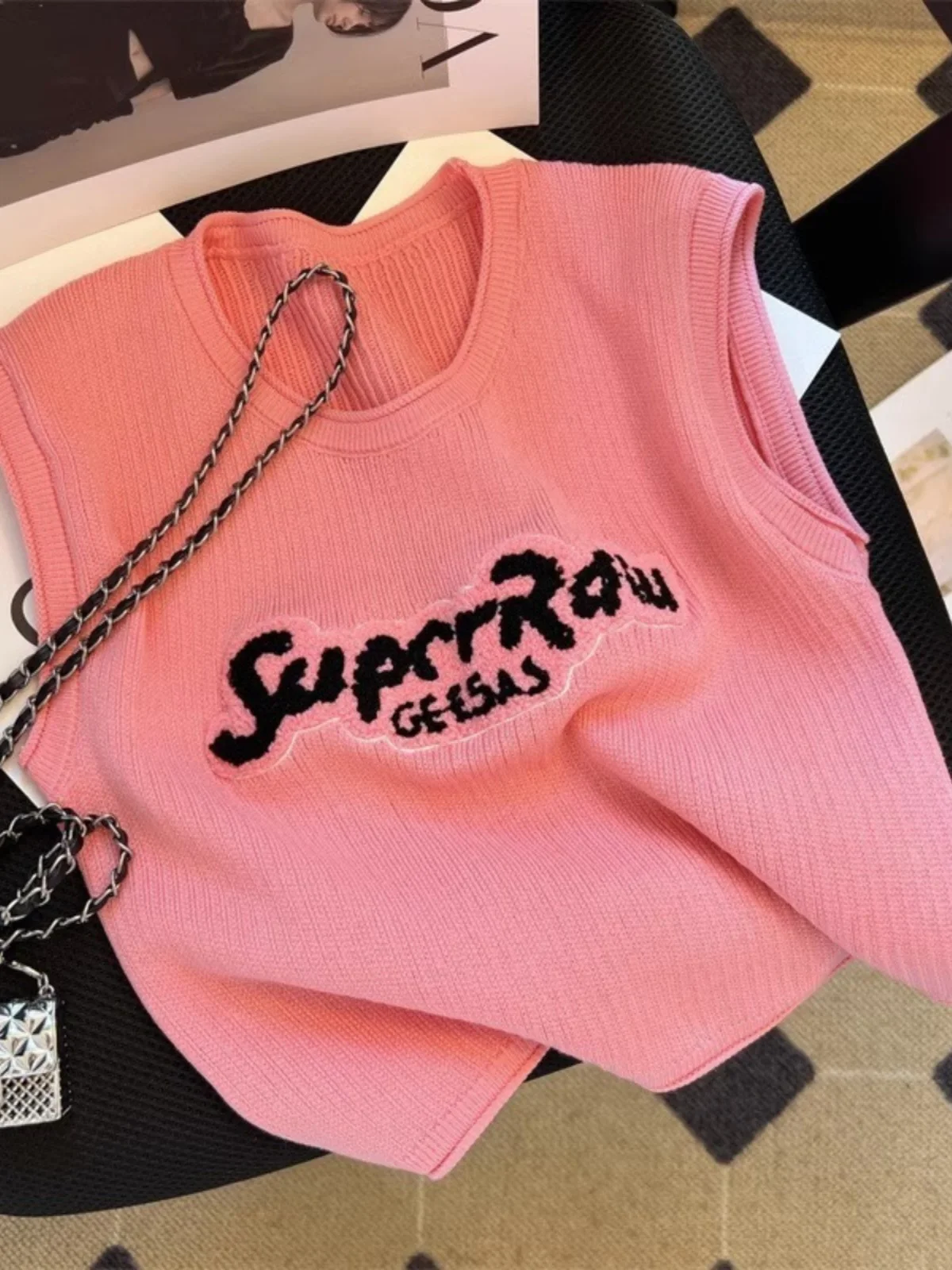 Extra Large 300 Pounds Letter Embroidery Vest Women's Summer Tailored Short Sleeveless Top Polyester Fiber Commute Style