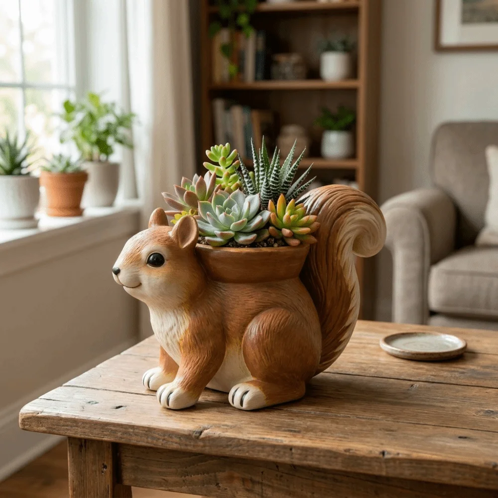 Resin Squirrel Succulent Flowerpot Cute Squirrel Ornament Animal Flowerpot Handmade Succulents Plant Pots Office Desktop