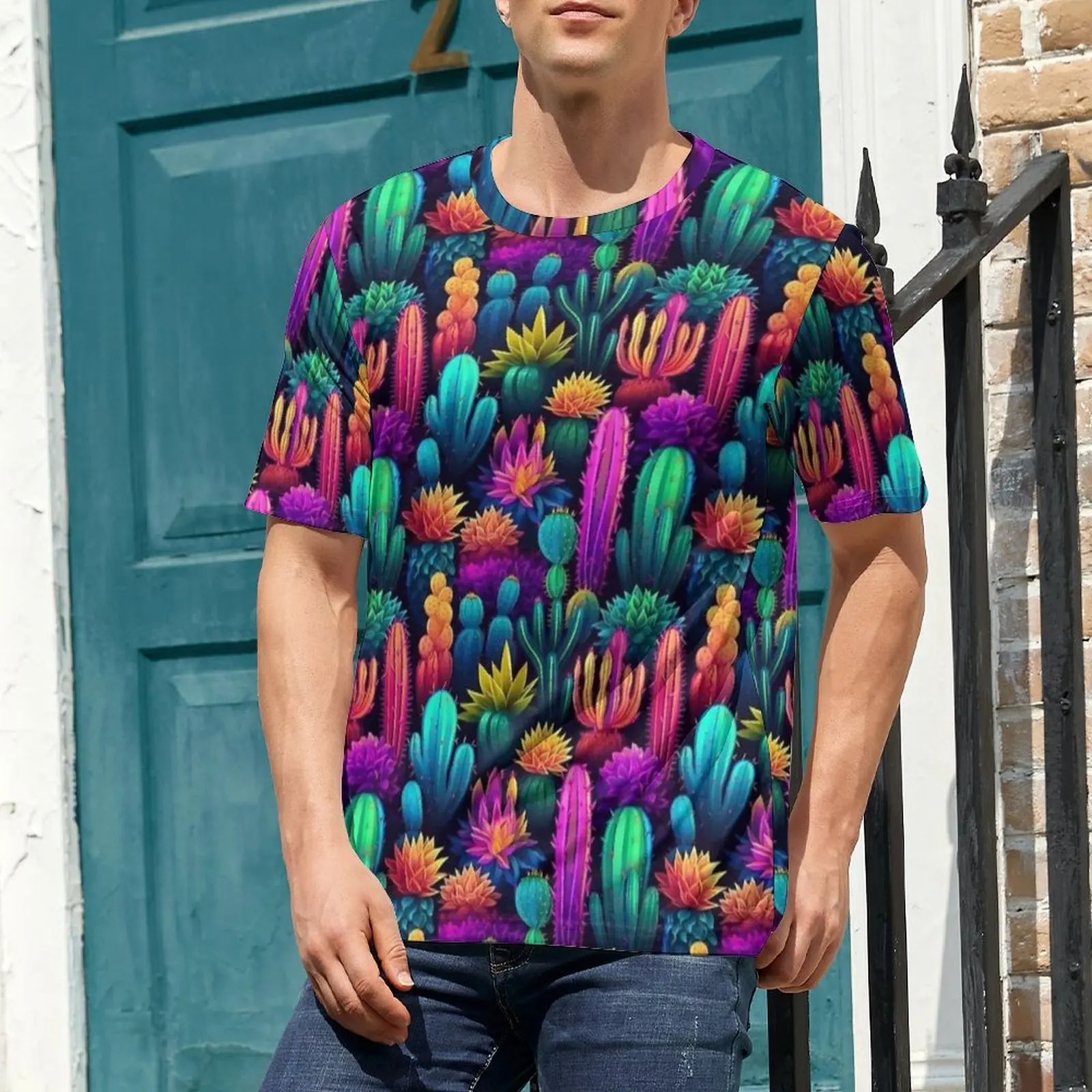 Neon Rainbow Desert Cactus Bloom T Shirt For Men Design T Shirts Summer Trendy Tops Short Sleeve Streetwear Oversize Tee Shirt