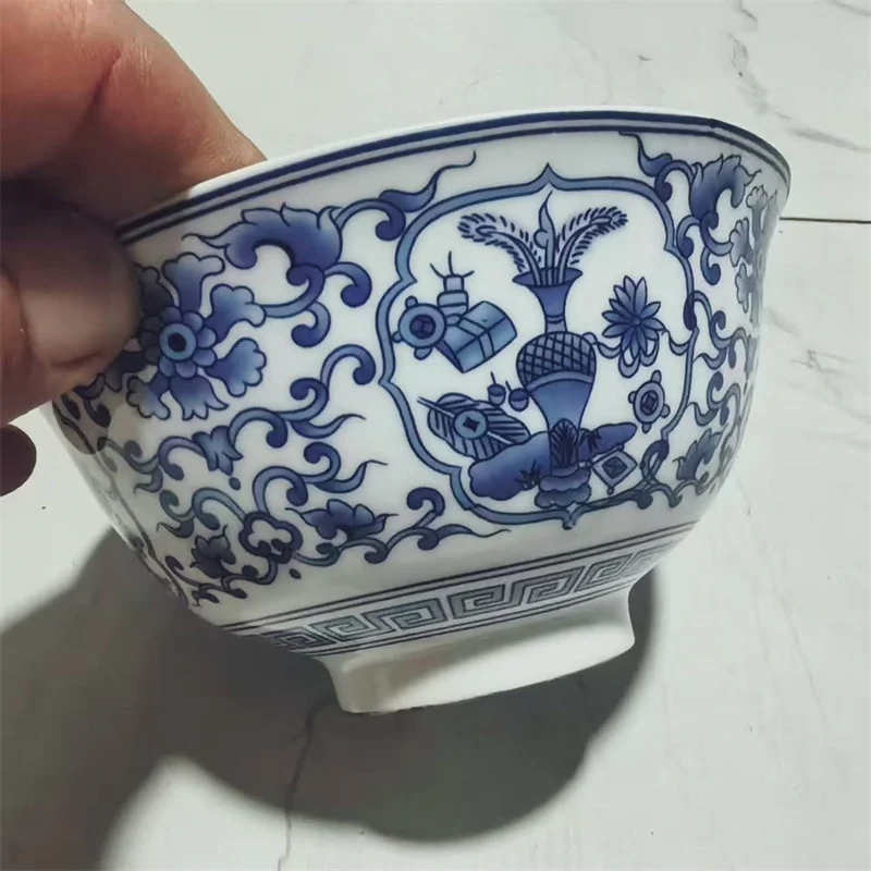 Chinese Old Porcelain Blue White Eight Treasures Pattern Bowl Antique Decorative Kitchenware Collectible Dishware
