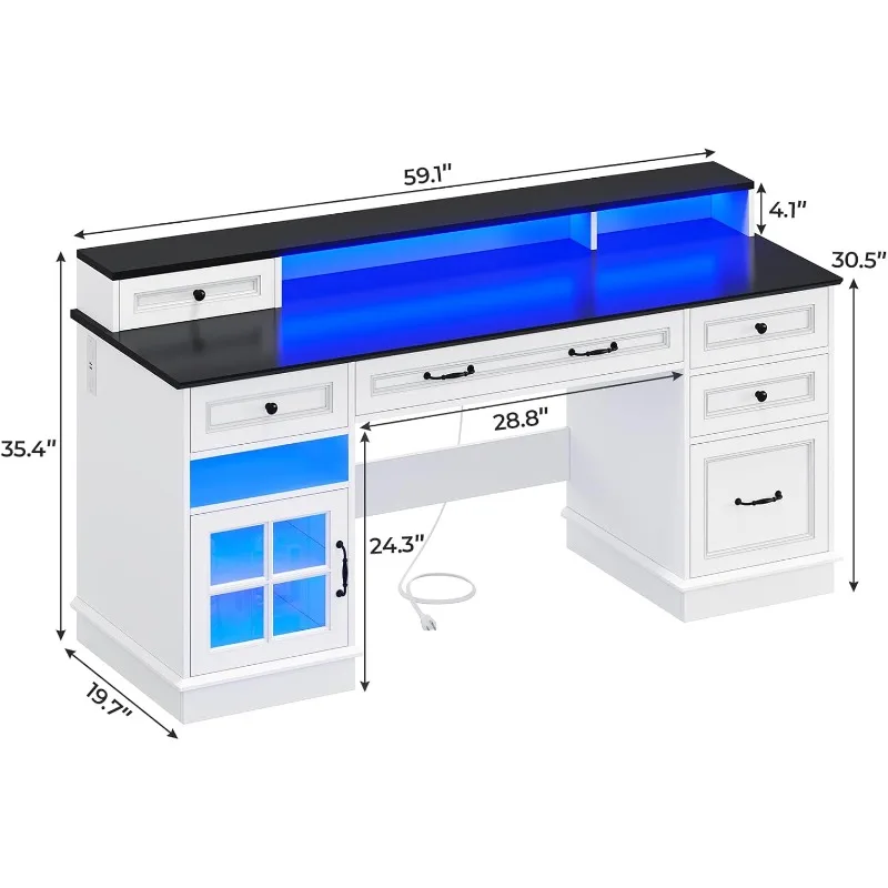 Scrivania direzionale con cassetto raccoglitore, scrivania per computer con supporto per monitor, scrivania con stazione di ricarica e luce LED, bianca