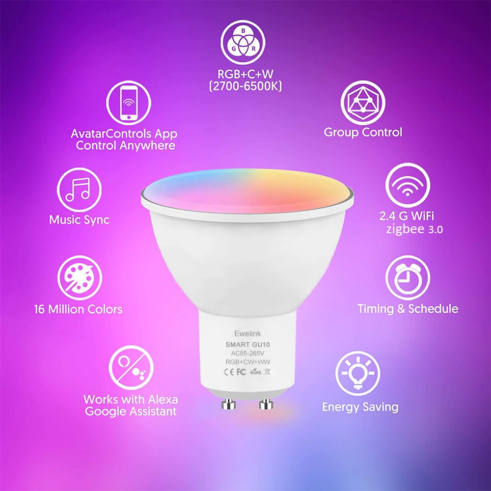 ZigBee GU10 bola lampu LED cerdas WiFi, bola lampu LED cerdas RGB C + W 5W dapat diredupkan, kontrol aplikasi EWelink, bohlam sorot bekerja dengan Alexa Google