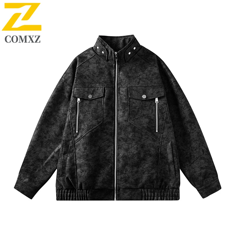 COMXZ New Men Leather Jacket Fashion Camping Multi Functional Coat Casual Hiking Lightweight Comfortable Streetwear Autumn Coats