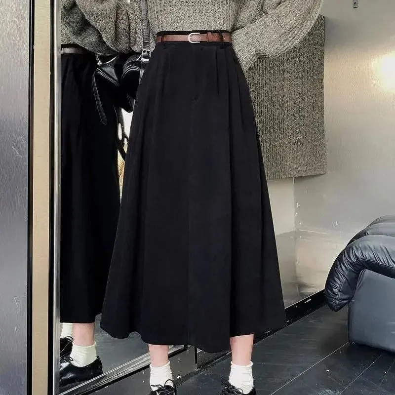 Vintage ceinture velours côtelé jupe Midi femmes taille haute plissée une ligne jupes automne hiver Streetwear coréen décontracté tout Match jupe