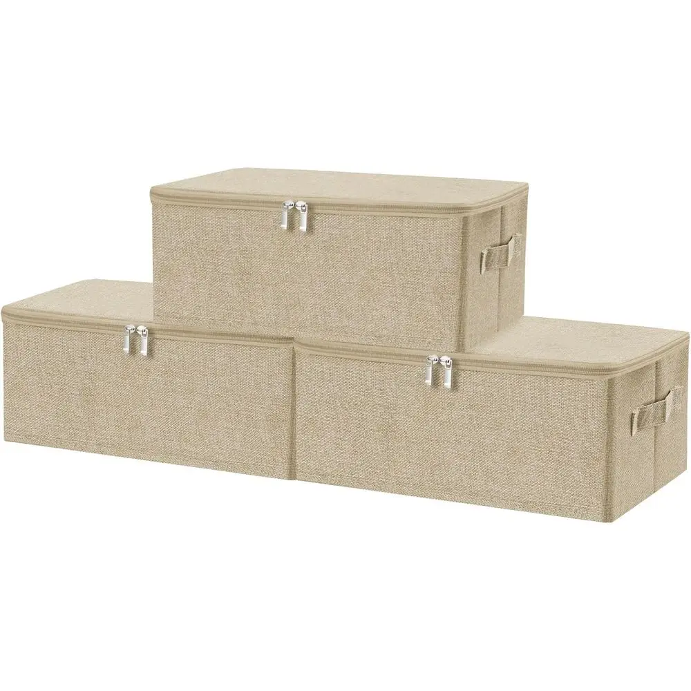 

3PCS Storage Bins with Zipper Lids 13 Qt Lidded Fabric Storage Boxes Baskets Cubes with Handles Collapsible Washable Cotton Line