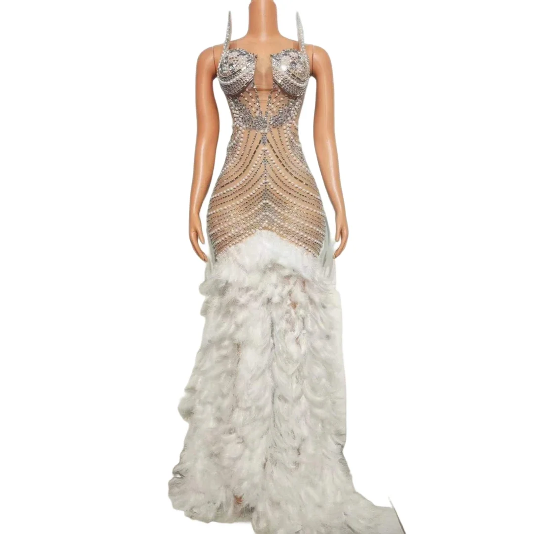 

Sleeveless Maxi Length Wedding Evening Prom Dress For Women Rhinestone Pearl Celebrate Clubwear Photo Shoot Props Stage Wear