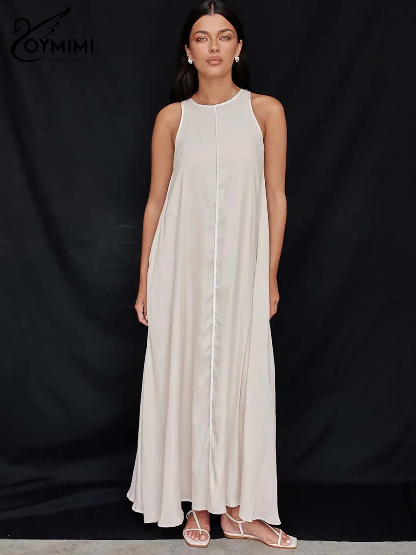 

Oymimi Elegant Beige O-Neck Womens Dresses Fashion Sleeveless Button Dresses Casual Loose Ankle-Length Dress Female Clothing