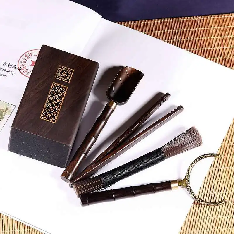 Juego de cinco/seis piezas de herramientas para hacer té, madera de ébano, ceremonia del té, cuchara, cepillo, Clip, accesorios, cubo de té de almacenamiento