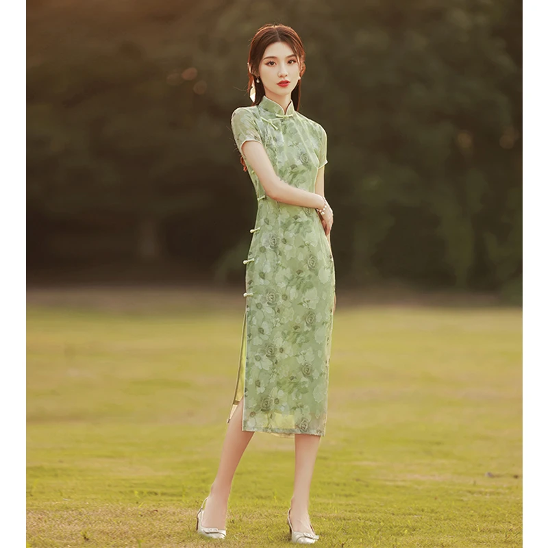 New Female Summer Camellia Cheongsam Green Girl Retro Temperament Chinese Style Qipao Dress