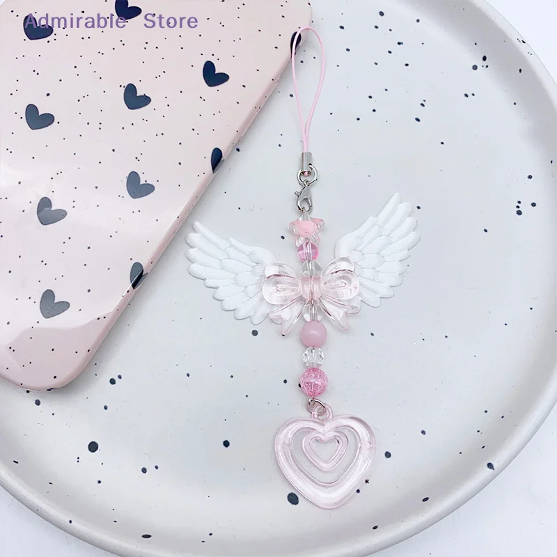 Fashion Lovely Wings Bow Heart Mobile Phone Pendant Chain Sweet Keychain for Girls Women Bags Decorative Accessories Gift