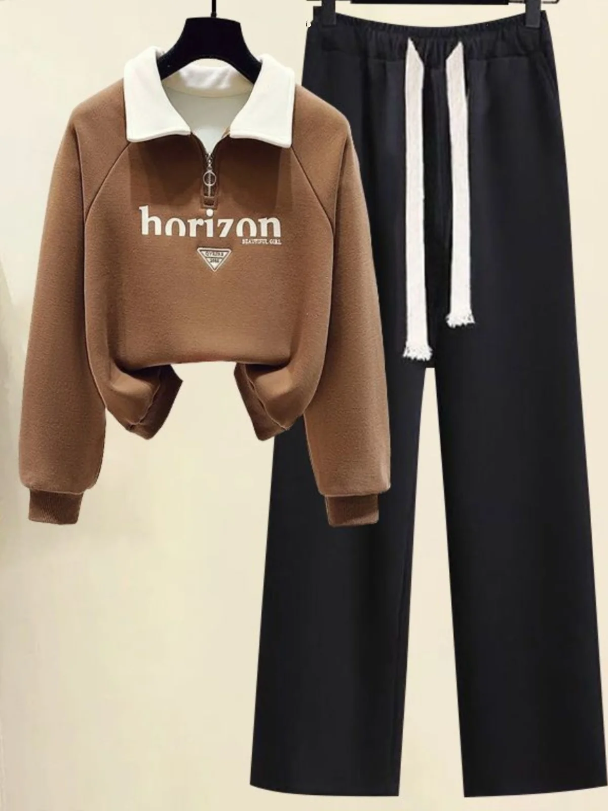 

Retro Hong Kong Style Sportswear Set Women's Spring Autumn New Salt System Neck Sweatshirt Wide Leg Pants Student Two Pi...