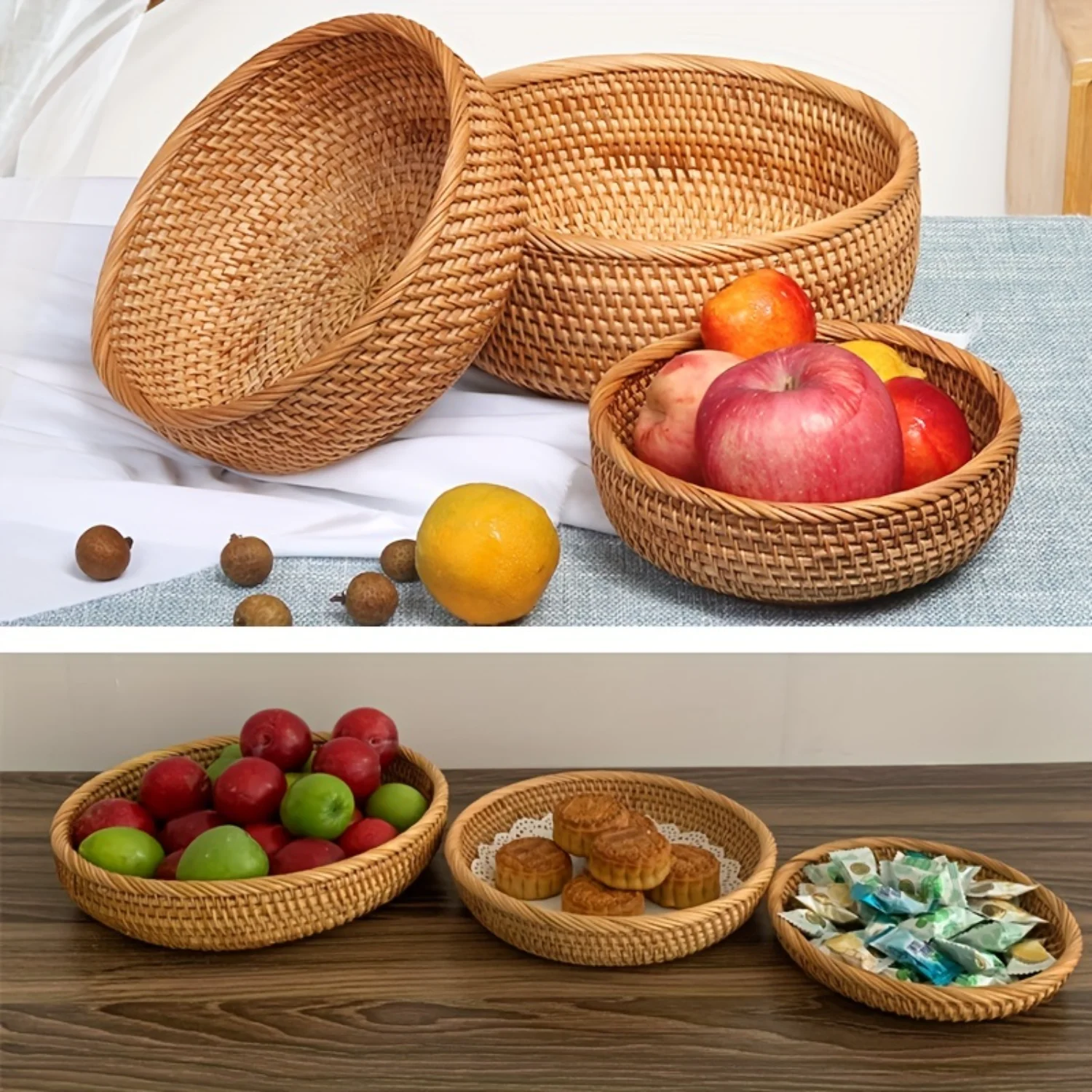 1PC Round Rattan Fruit Basket, Woven  Bowl, Keychain Stackable Shelving  Tabletop Natural Basket Made Of Natural Rattan , Hand W