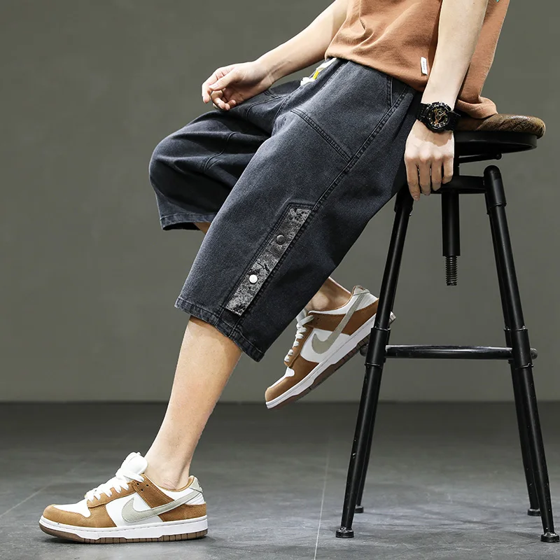 Korean Style Men's Long Shorts 3/4 Length Denim Bermuda Male Big Plus Large Size Jeans Fashion Below Knee Streetwear Loose Baggy view 4