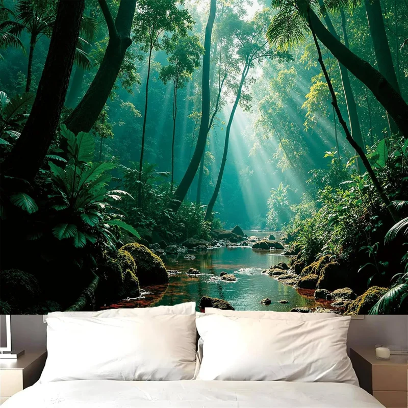 VIKAMAForestGreenNaturalPatternTapestryWallDecoration,MistyForestSunlightMuralTapestryBedroomAesthetics-AliExpress15