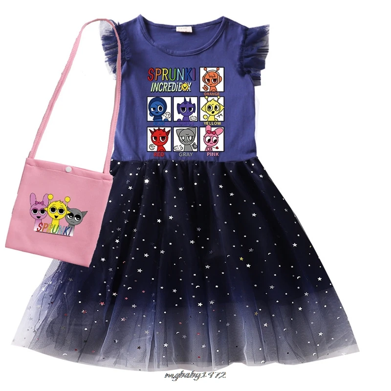 Lovely 2-9Y New Game Sprunki Baby Girl Summer Party Dress Bag Kid Sleeveless TShirt Sequin Children Dresses Toddler Girl Outfits