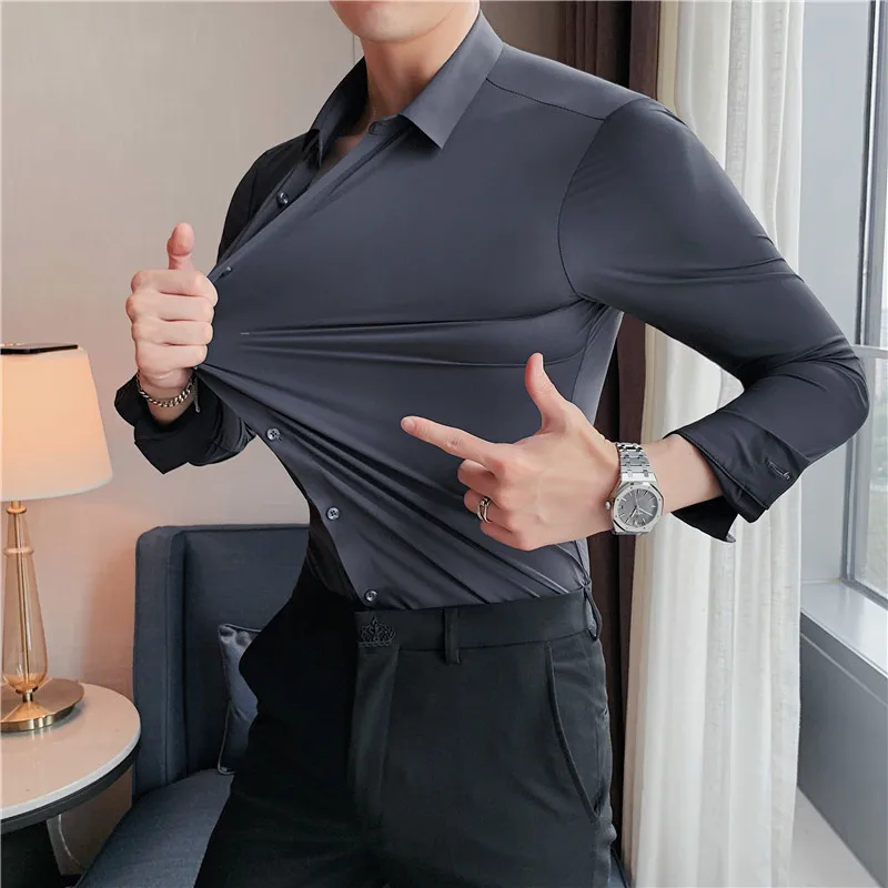 

2024 Men's Without Pocket Solid Color Strech Wrinkle-Resistant Shirts Comfortable Standard-fit Long Sleeve Dress Shirt B137