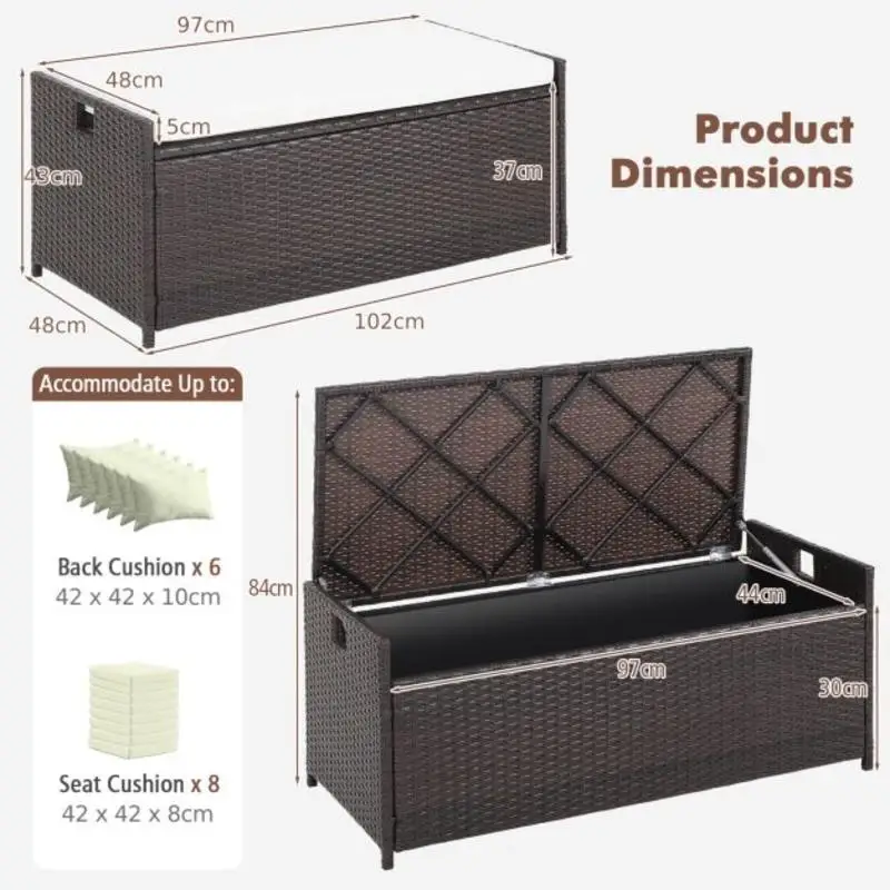 34 Gallon Patio Storage Bench with Seat Cushion and Zippered Liner