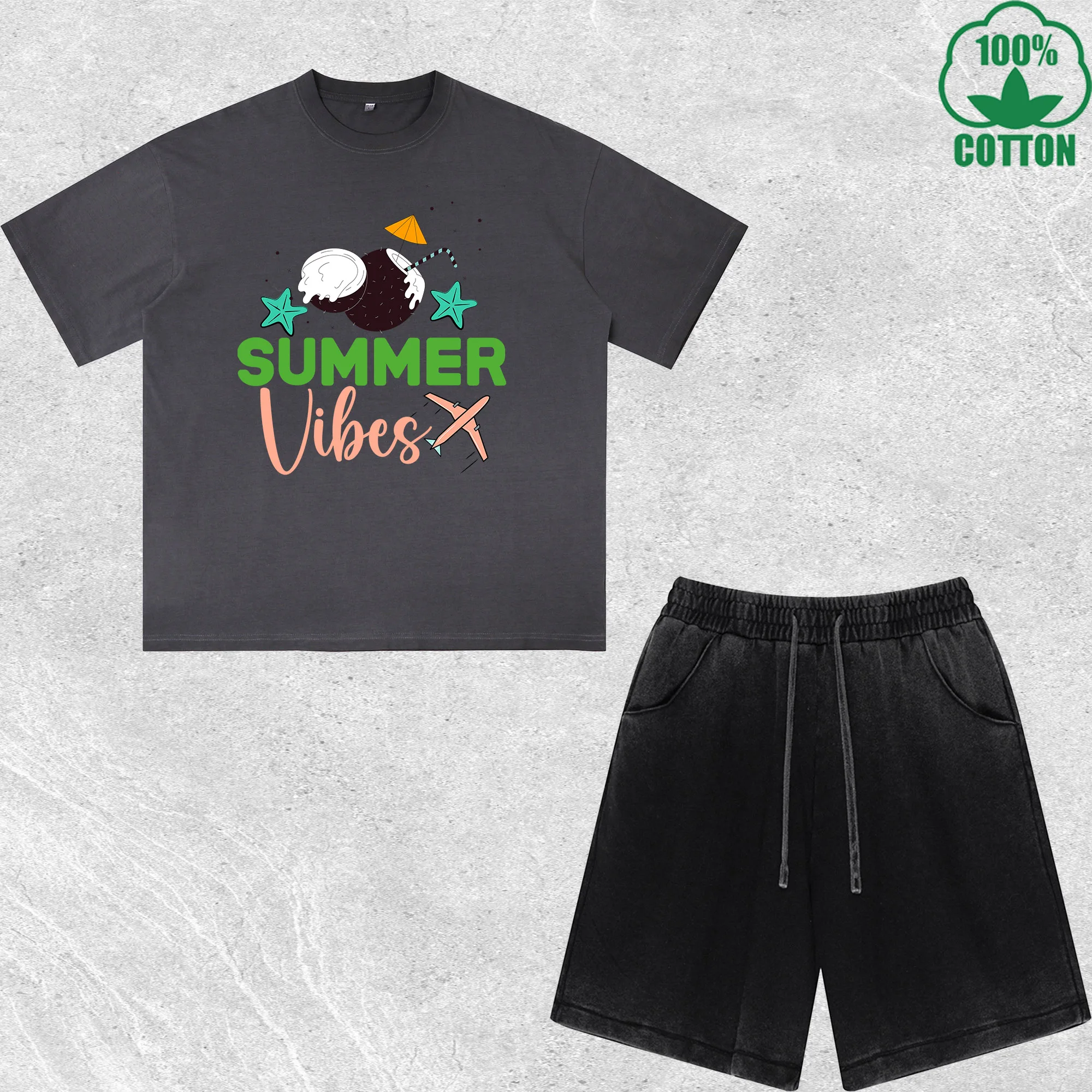 

Summer Vibes Printed Dirty Wash T-Shirt Shorts Set Combo Loose Trendy Fashionable 100%Cotton Black Suit