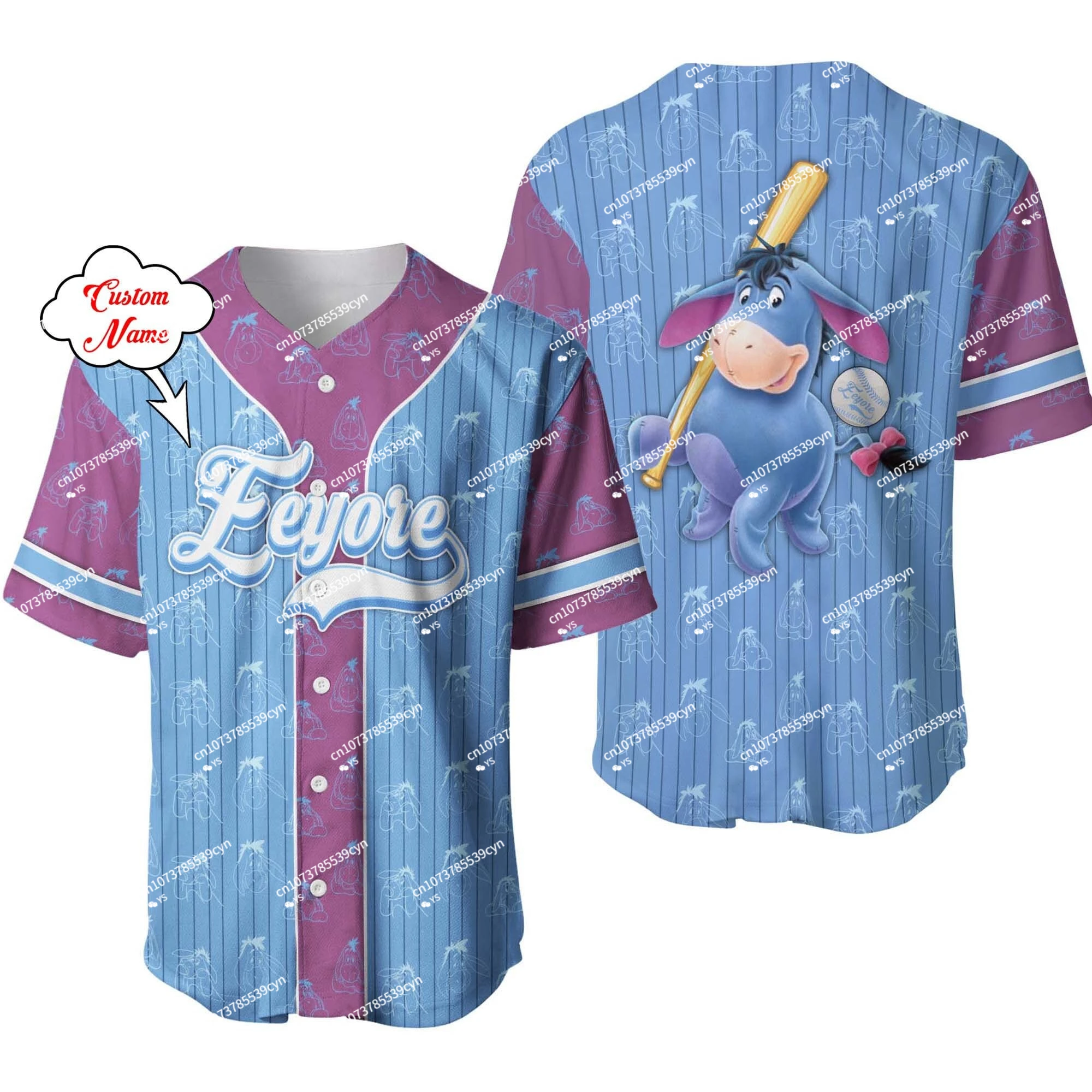 Eeyore Donkey Blue Purple Patterns | Disney Custom Baseball Jersey Eeyore Donkey White Blue Disney Unisex Cartoon Graphic Casual