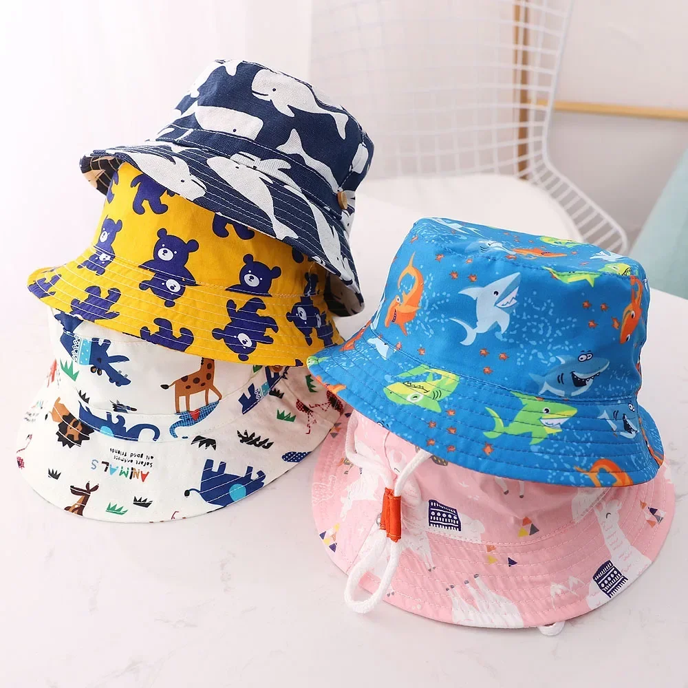 Spring Summer Thin Breathable Kids Bucket Hats Unisex Baby Sun Hats with Windproof Rope Children Outdoor Caps 6months-8years Old