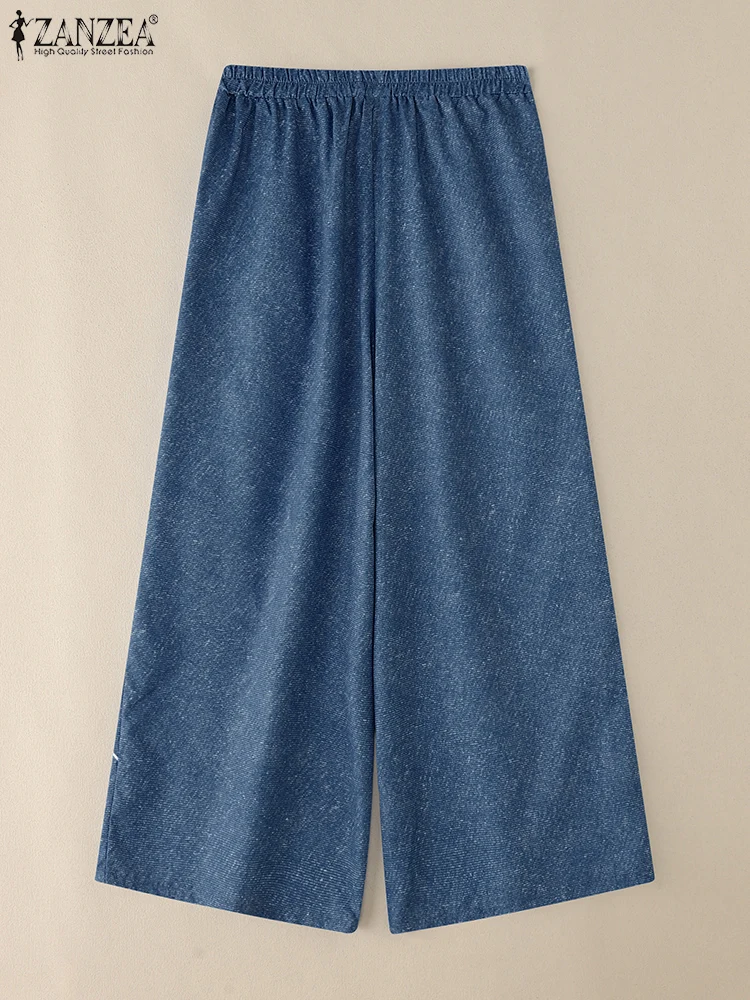 ZANZEA Women Long Wide Leg Pants High Waist Pockets Cartoon Print Vintage Trousers 2025 Autumn Casual Elastic Waist Pantalons
