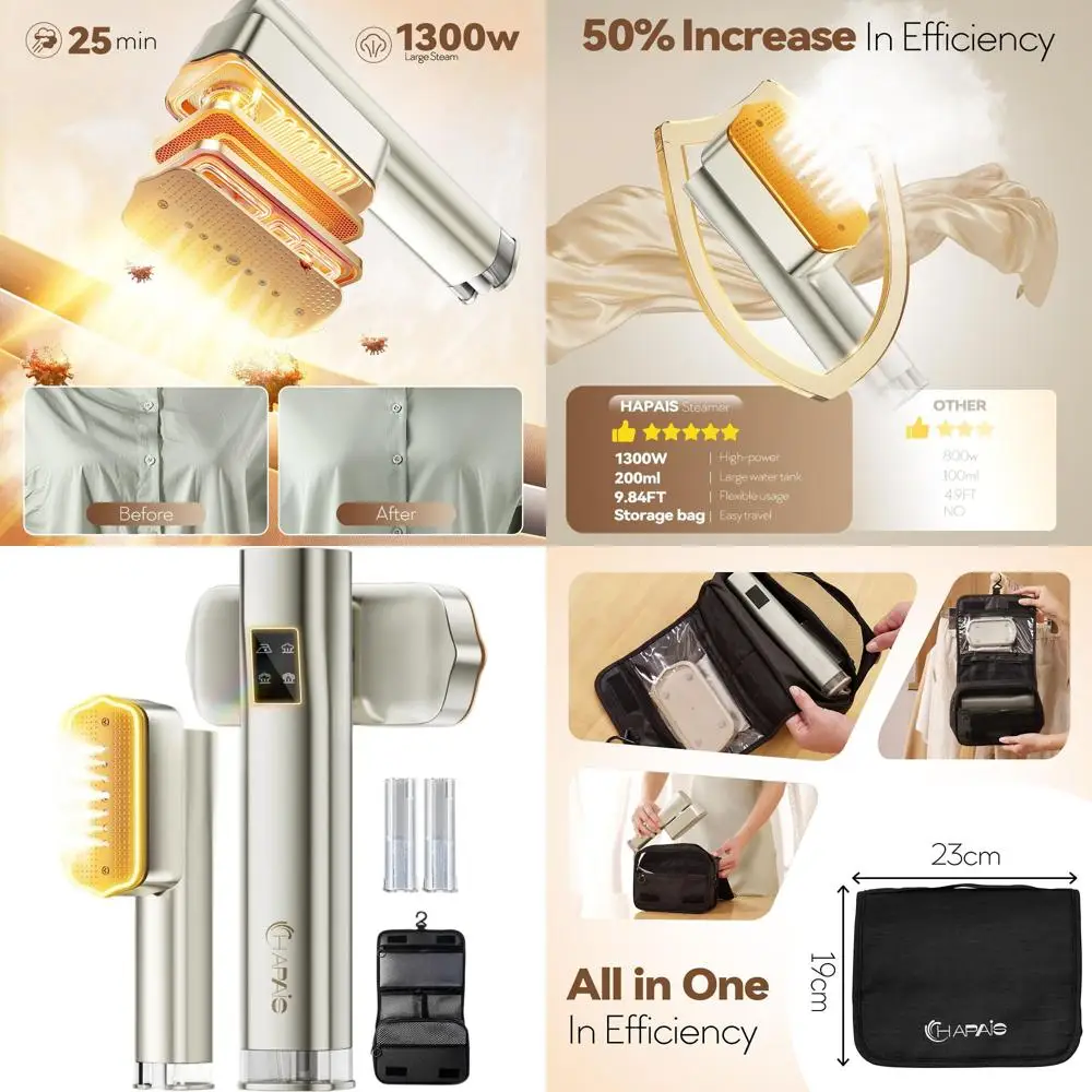 

Портативный отпариватель для одежды 2-в-1 с резервуаром 200 мл, 25 минут работы, 4 режима, мощность 1300 Вт для путешествий и дома