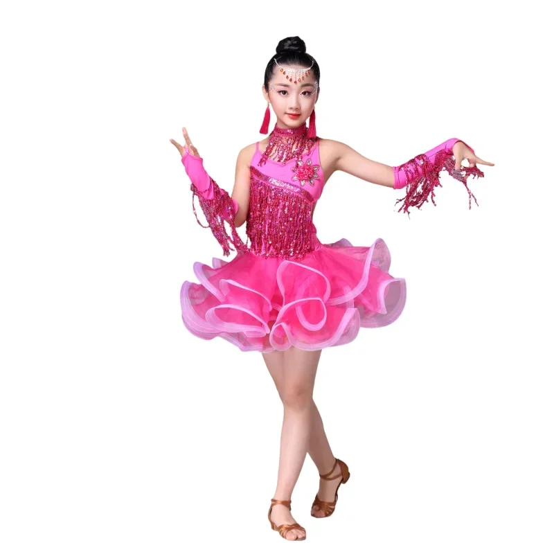 Costume de danse latine pour enfants, robe à franges de danse Sasha pour filles, Costume de compétition de spectacle à paillettes pour jupe latine