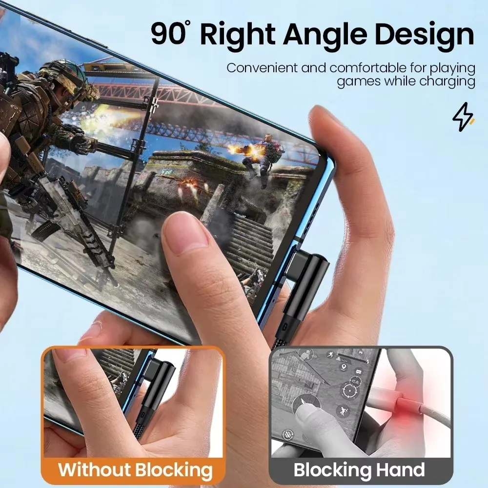 كابل شحن USB C 6A 66 وات 90 °   تصميم الكوع شحن سريع كابل من النوع C شحن سريع للأجهزة الذكية أسلاك البيانات عالية السرعة