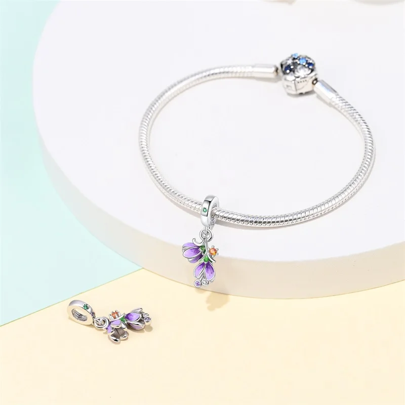 

New Original 925 Sterling Silver Purple Flower Charms Beads Fit 3mm Original Bracelet DIY Women Exquisite Date Jewelry Gifts