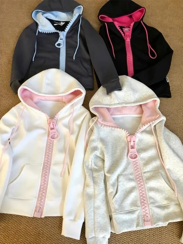 Thickened Fleece Hooded Zipper Cardigan Contrast Color Sporty Casual Outerwear for Women Korean Style Commute Autumn Season