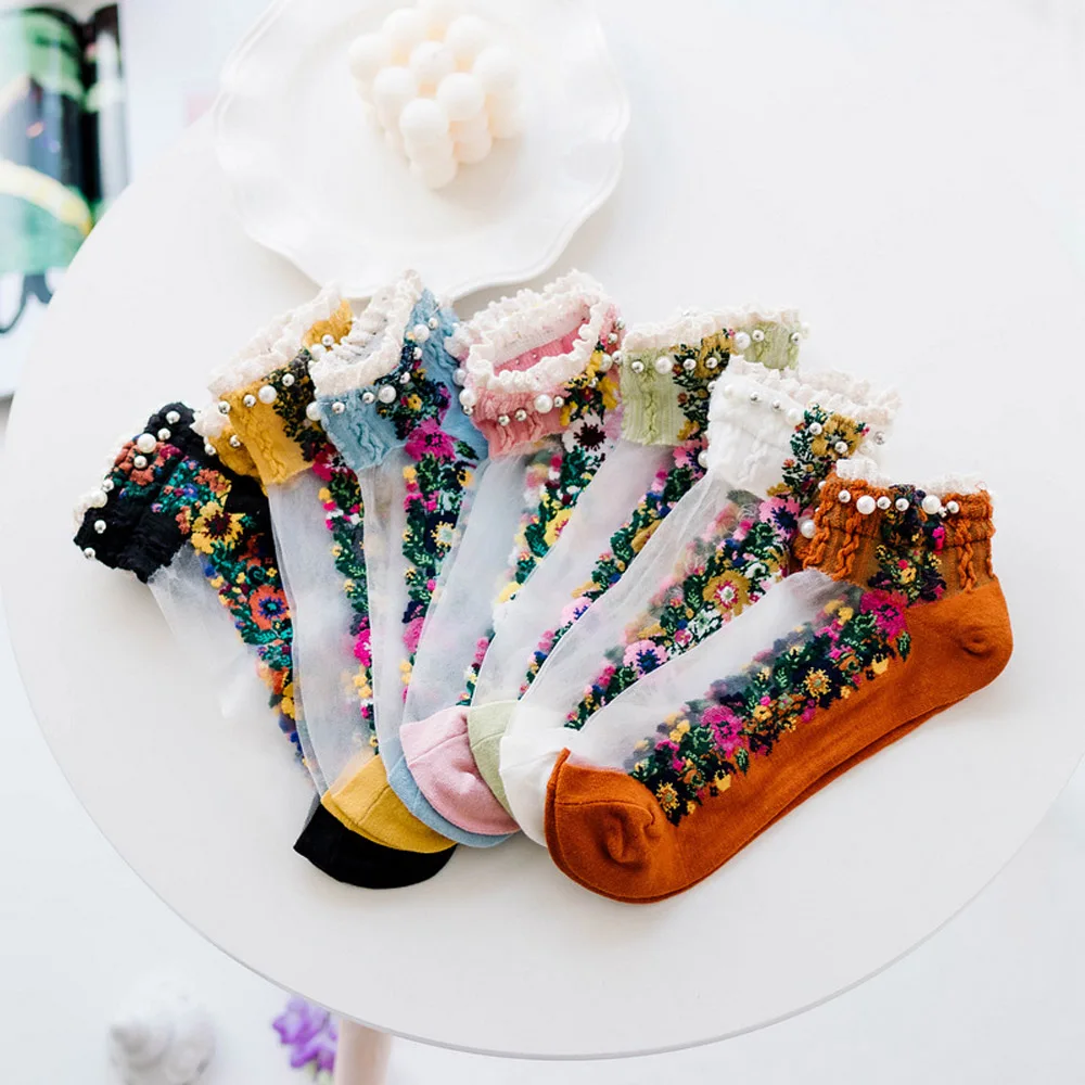 Cute Transparent Pearl Women Summer Spring Boat Socks Hosiery Short Socks Embroidery Flowers Socks