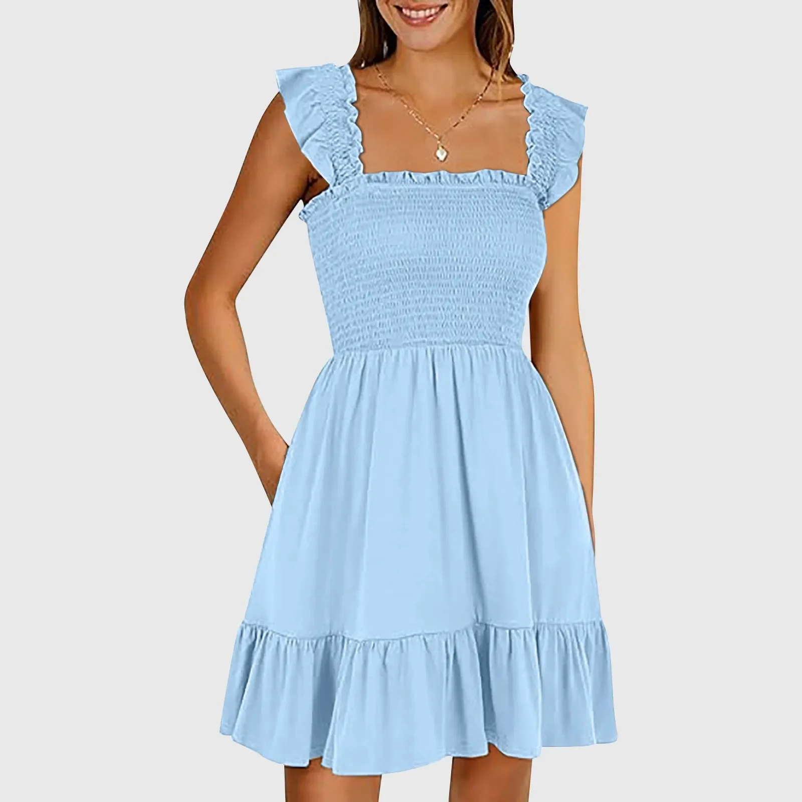 Solid Color Pleated Smocked Ruffles Dress Women Summer Elegant Square Collar V Neck Short Sleeve Dress Office Party A Line Dress